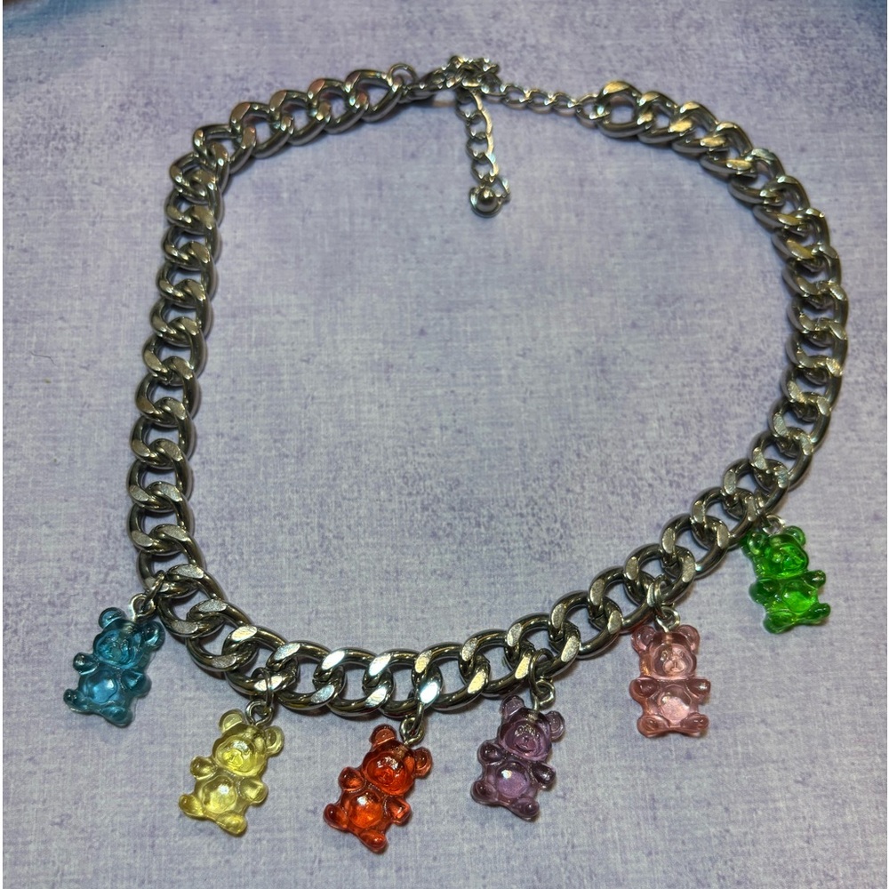 Hot Topic multicolor gummy bear necklace on a silver chain #kidcore #ravejewels